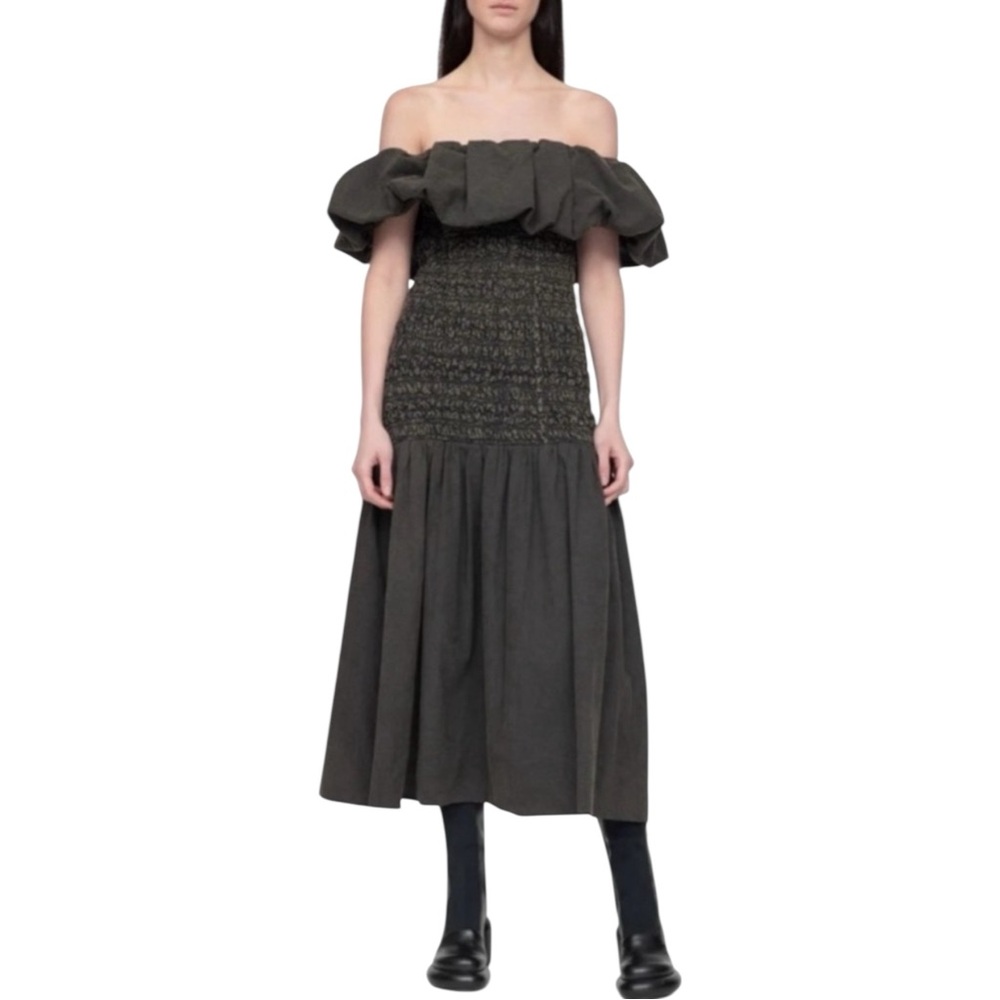 NWT Sea New York Juni Garment Dye Brown Smocked Bodice Off Shoulder Midi Dress - Picture 3 of 15
